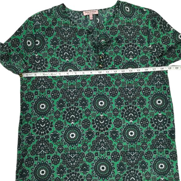 Juicy Couture Blouse Long Sleeve Green Tie Neck Top Kaleidoscope Geometric Print - Picture 3 of 9